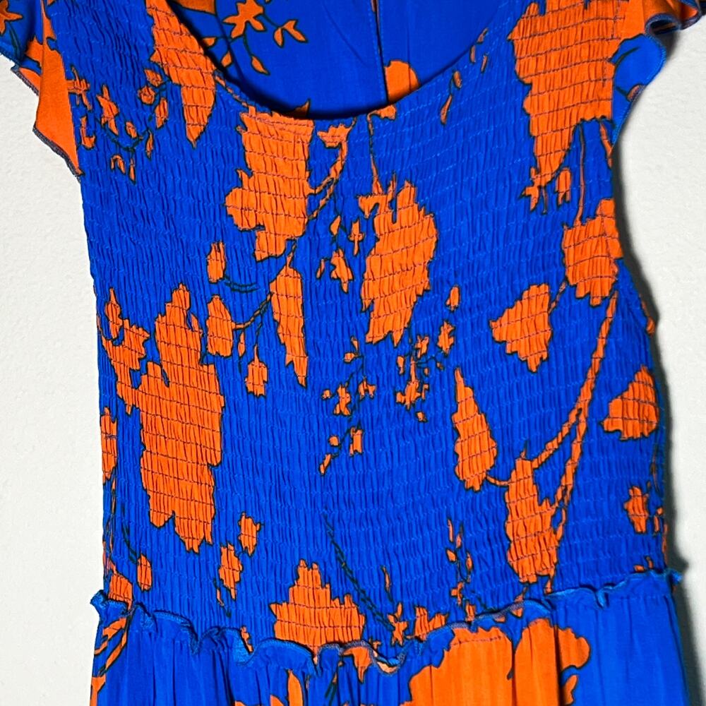 Abel the Label  Floral Smocked Tiered Midi Dress Women's Size XS Blue / Orange - Picture 2 of 5